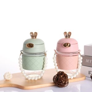 Rabbit shape glass water bottle with pu sleeve perl chain