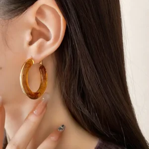 Amber Resin Hoop Earrings with Gold Plating