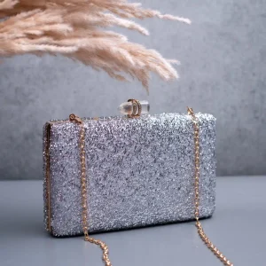 silver shimmer fabric party clutches