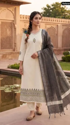 Khadi Cream Kurti Pent Dupatta Set