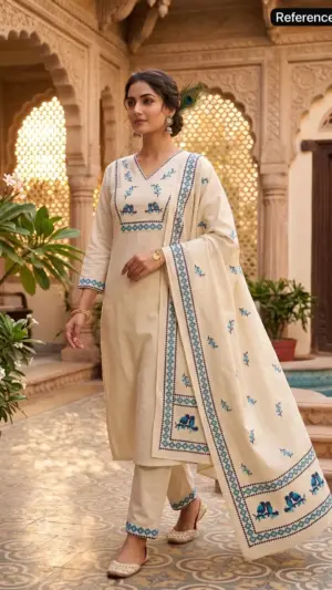 Cream Khadi Cotton Kurti Pant Dupatta Set