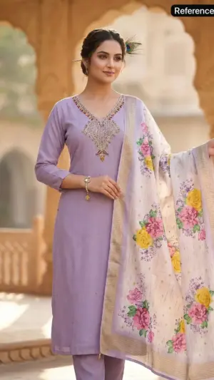 Premium Lovender Mul Chanderi Kurti Pent Dupatta Set