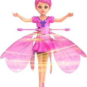 Pink flying fairy doll with glowing wings, tiara, and pink dress hovering in the air – magical kids toy