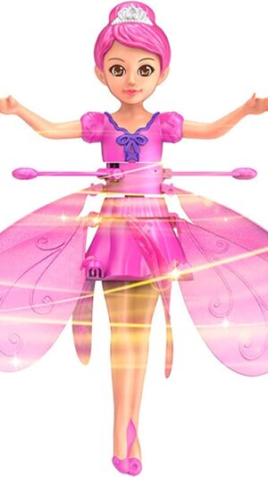 Pink flying fairy doll with glowing wings, tiara, and pink dress hovering in the air – magical kids toy