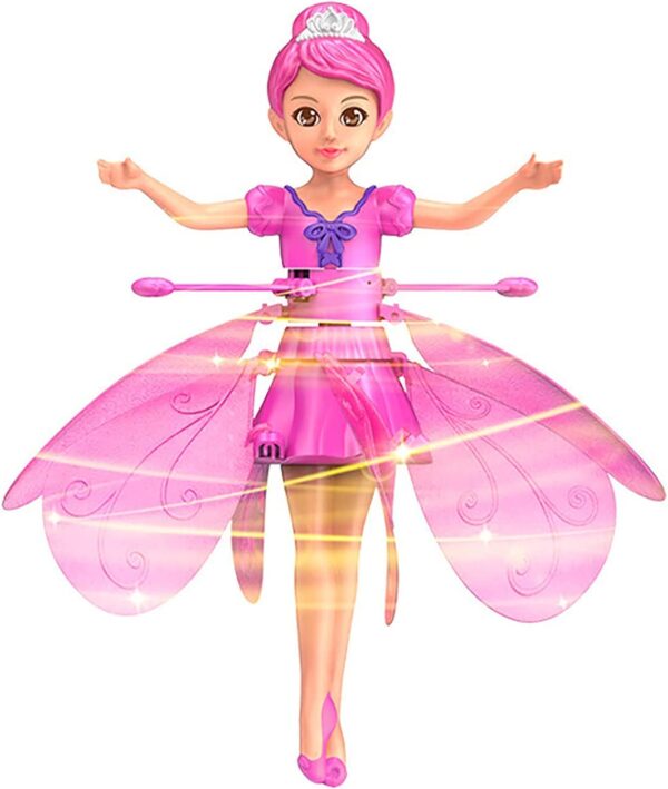 Pink flying fairy doll with glowing wings, tiara, and pink dress hovering in the air – magical kids toy