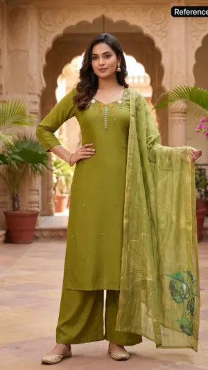 Green Mul Chanderi Set with Hand Work